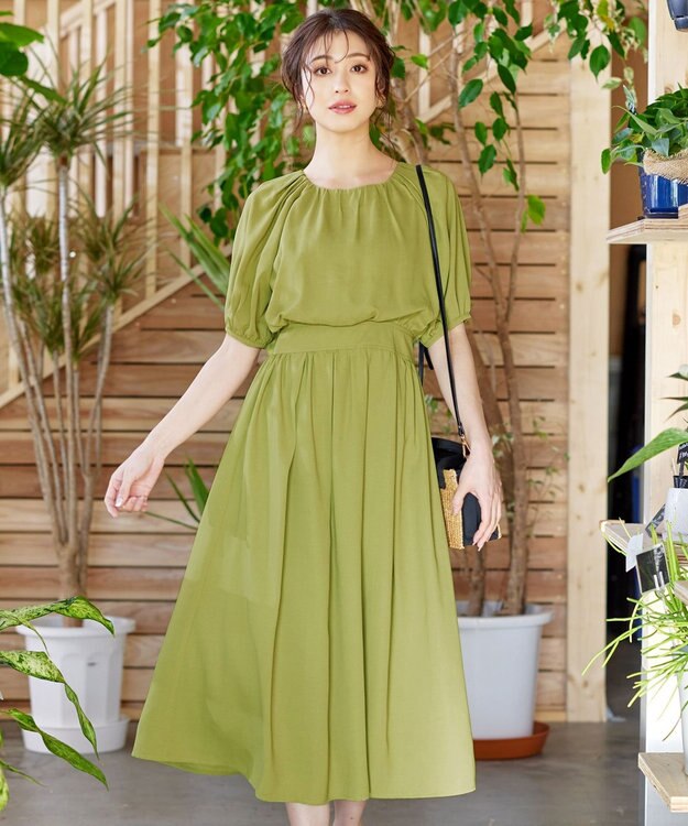 Tiaclasse 【洗える】麻調ギャザーワンピース グリーン