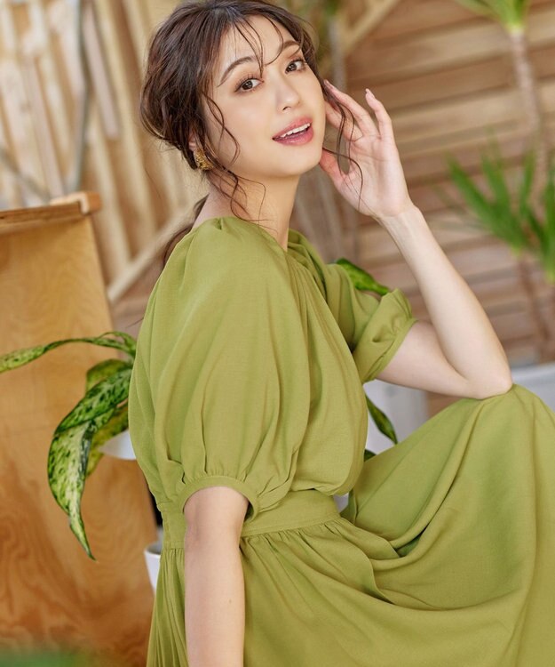 Tiaclasse 【洗える】麻調ギャザーワンピース グリーン