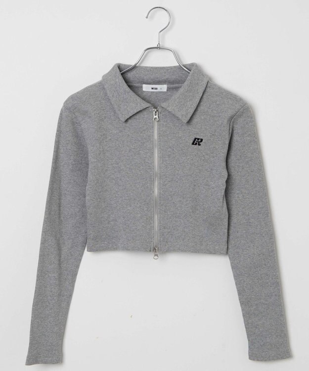 WEGO ワンポイント刺繍WZIP長袖トップス 杢グレー