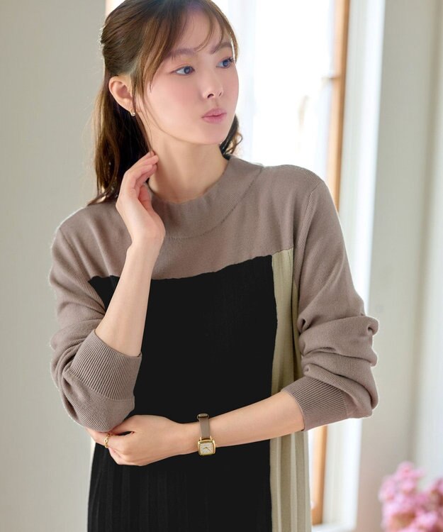 Tiaclasse 配色切替ニットワンピース ベージュ