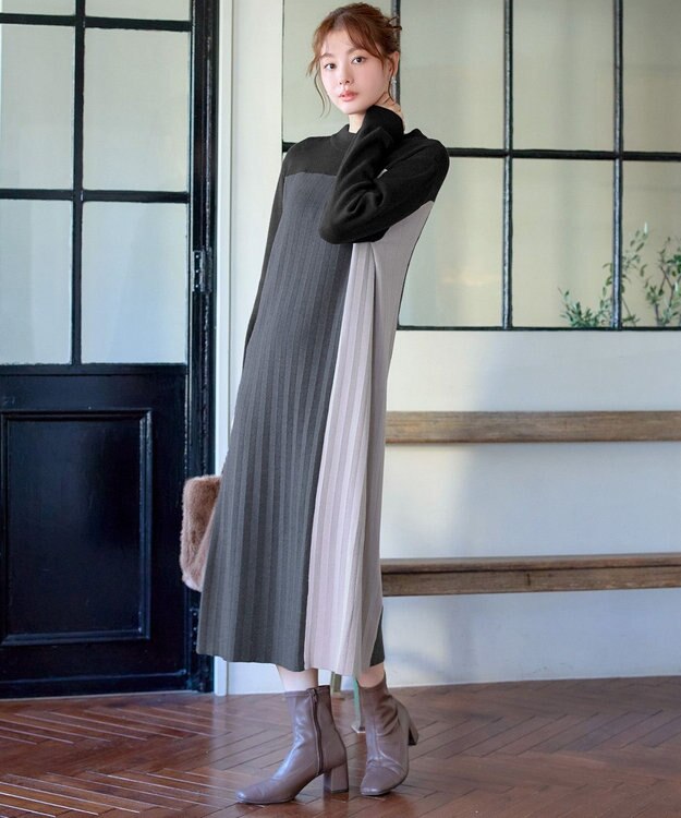 Tiaclasse 配色切替ニットワンピース ブラック