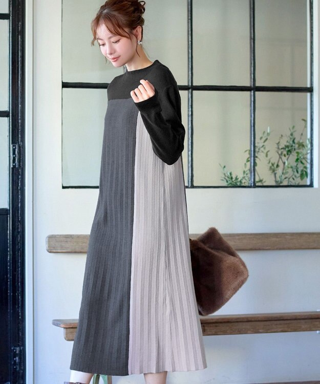 Tiaclasse 配色切替ニットワンピース ブラック