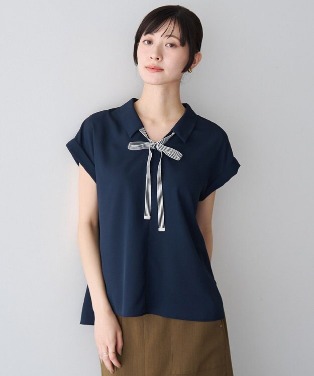 YECCA VECCA 2wayストライプリボンブラウス Navy
