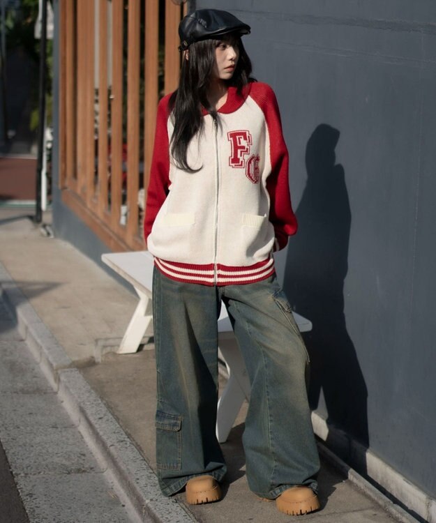 WEGO 【ユニセックス着用ITEM】グラフィックZIPニットブルゾン レッドその他