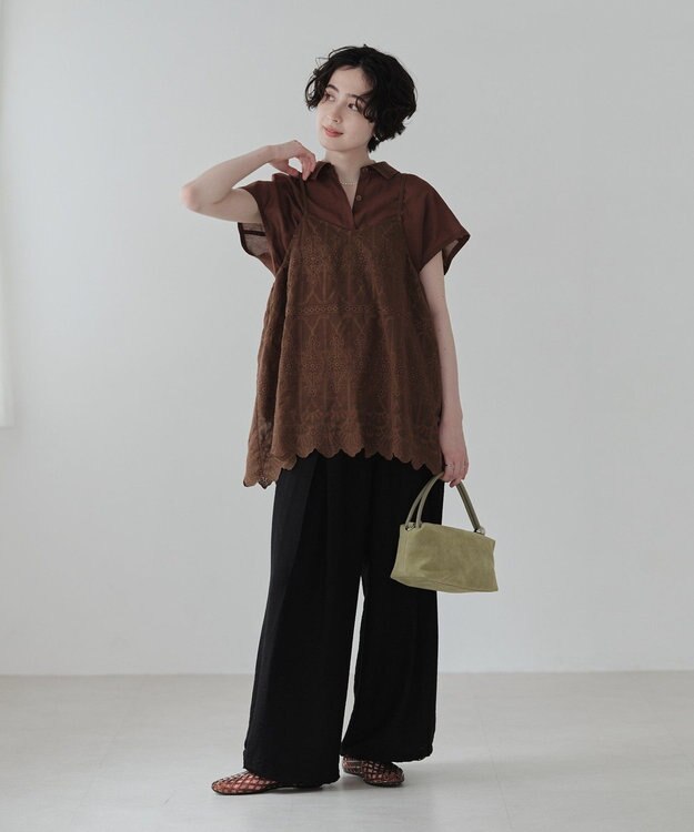 Green Parks ＳＥＴ２点刺しゅうキャミ＋シャツ Brown