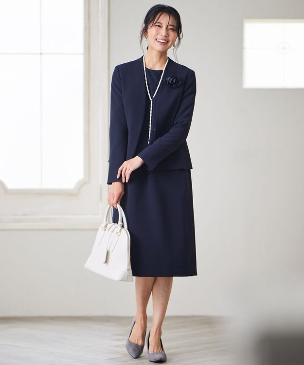 23区 【セットアップ対応/洗える】トリアセダブルジョーゼット ノーカラー ジャケット ネイビー系