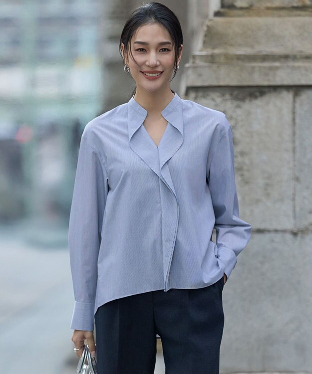 ICB クリーンブロード ラッフルデザイン プルオーバーブラウス ブルーストライプ