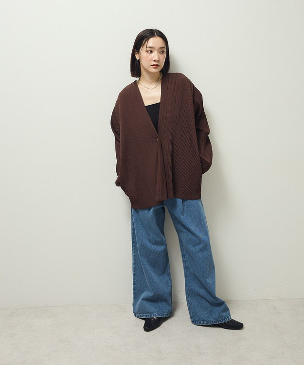 Green Parks ・ＥＬＥＮＣＡＲＥ　ＤＵＥ　プリーツノーカラージャケッ Brown