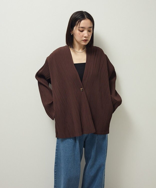 Green Parks ・ＥＬＥＮＣＡＲＥ　ＤＵＥ　プリーツノーカラージャケッ Brown