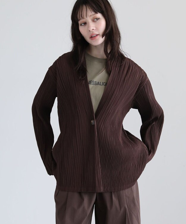 Green Parks ・ＥＬＥＮＣＡＲＥ　ＤＵＥ　プリーツノーカラージャケッ Brown