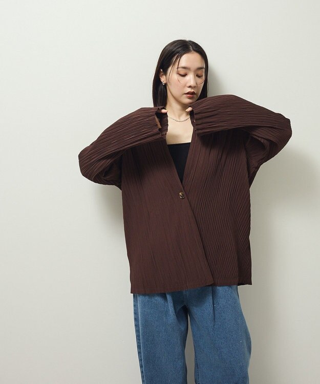 Green Parks ・ＥＬＥＮＣＡＲＥ　ＤＵＥ　プリーツノーカラージャケッ Brown