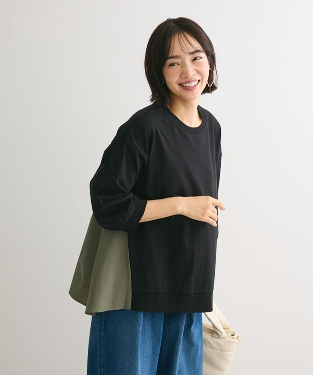 Green Parks 布帛切り替えフレアカットプルオーバー Black