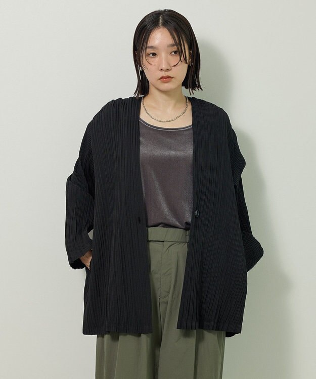 Green Parks ・ＥＬＥＮＣＡＲＥ　ＤＵＥ　プリーツノーカラージャケッ Black