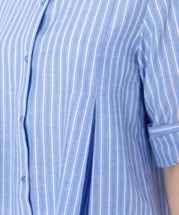 Tiaclasse 【新色追加・洗える】バンドカラーシャツチュニックブラウス サックスストライプ