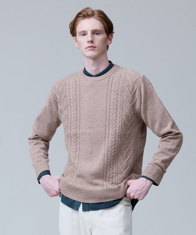 J.PRESS MEN ウール×カシミヤの上質素材【Cash Lamb's Wool】ケーブルクルーネック ニット_25年モデル ベージュ系
