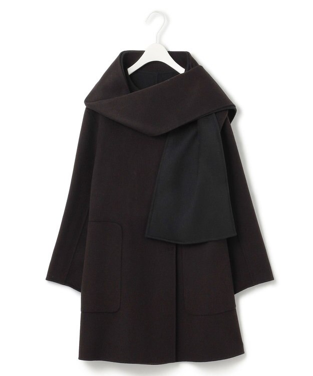 ICB ウールリバー ストール付きノーカラーコート バーントブラウン×ブラック系