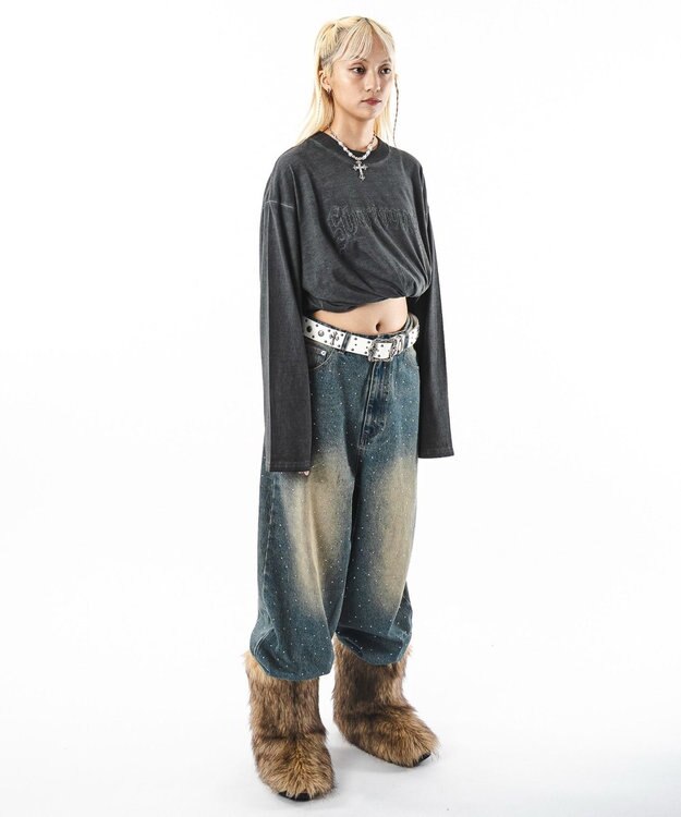 WEGO 【ユニセックス着用ITEM】スーパーバギーラインストーンデニムパンツ デニム中濃加工色