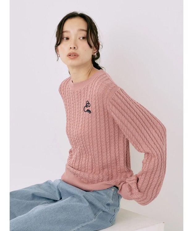 earth music&ecology 刺繍入りケーブルニットプルオーバー Pink