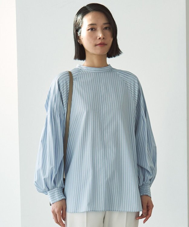 UNFILO ショルダータック ブラウス スカイブルーストライプ