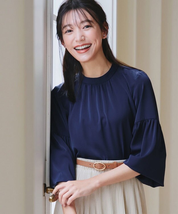 Tiaclasse 【洗える】ボリューム袖ハイネックブラウス ネイビー