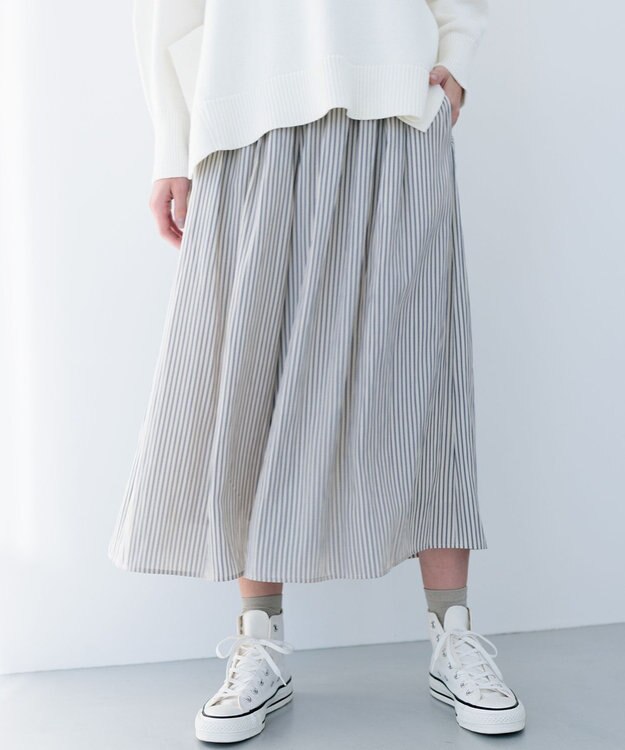 組曲 【春の新色追加】ギャザーライトデシン パンツ アイボリー系9（アイボリー×ブルーストライプ）