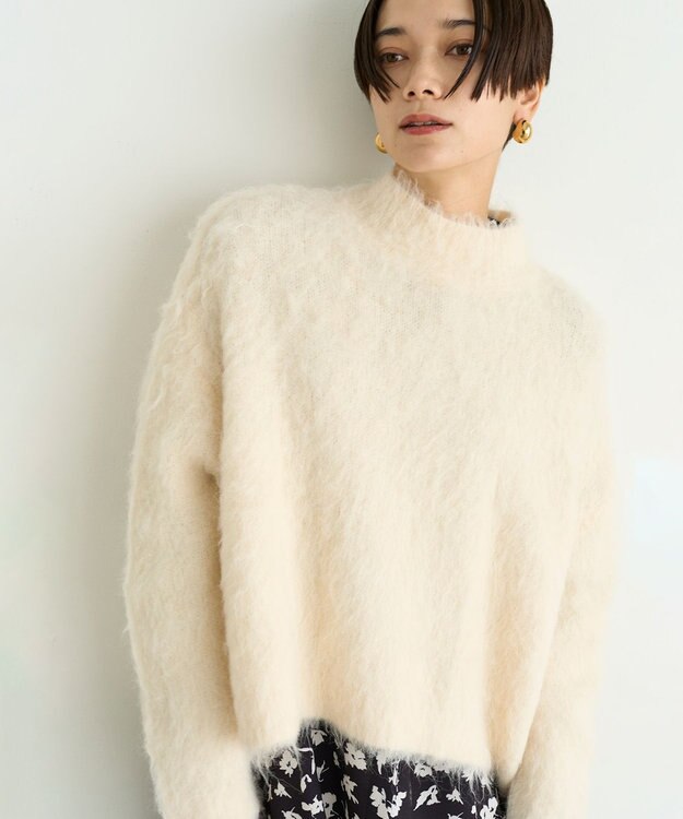 UNFILO L 【洗える】アルパカシャギー ハイネッククロップドニット エクリュ