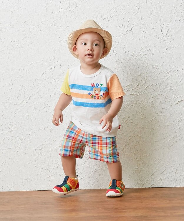 MIKI HOUSE HOT BISCUITS かすれプリント 袖配色 半袖Tシャツ 白