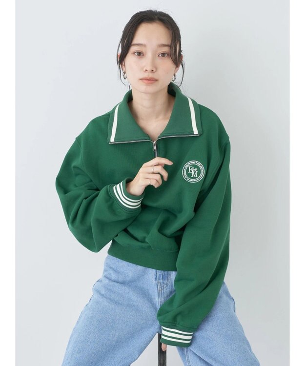 earth music&ecology ハーフＺＩＰサークルロゴ刺繍裏毛プルオーバー Green