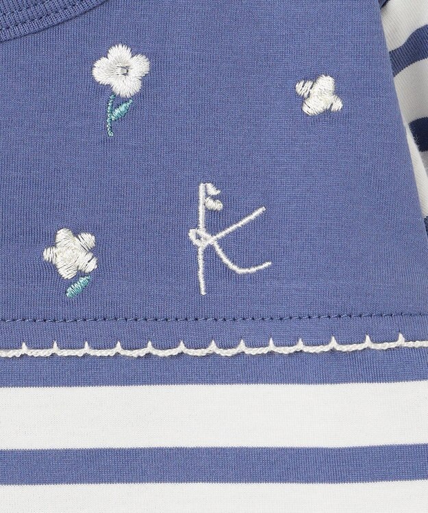 組曲 KIDS 【90-100㎝】フラワー刺繍ボーダー Tシャツ ダスクブルー系