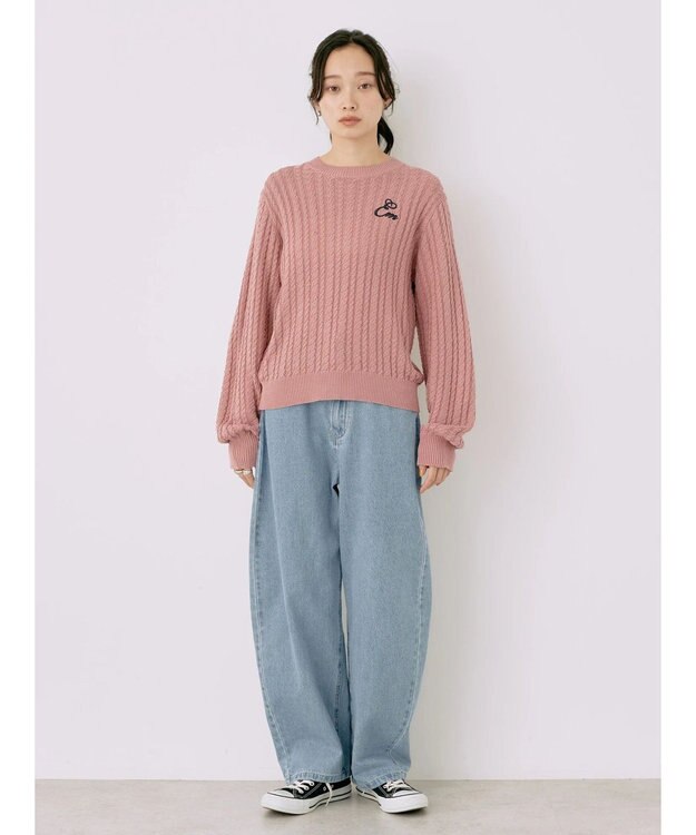 earth music&ecology 刺繍入りケーブルニットプルオーバー Pink