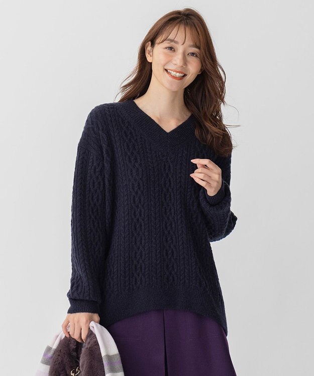 大きいサイズ 23区 アランパターンバルキーニットカーディガン