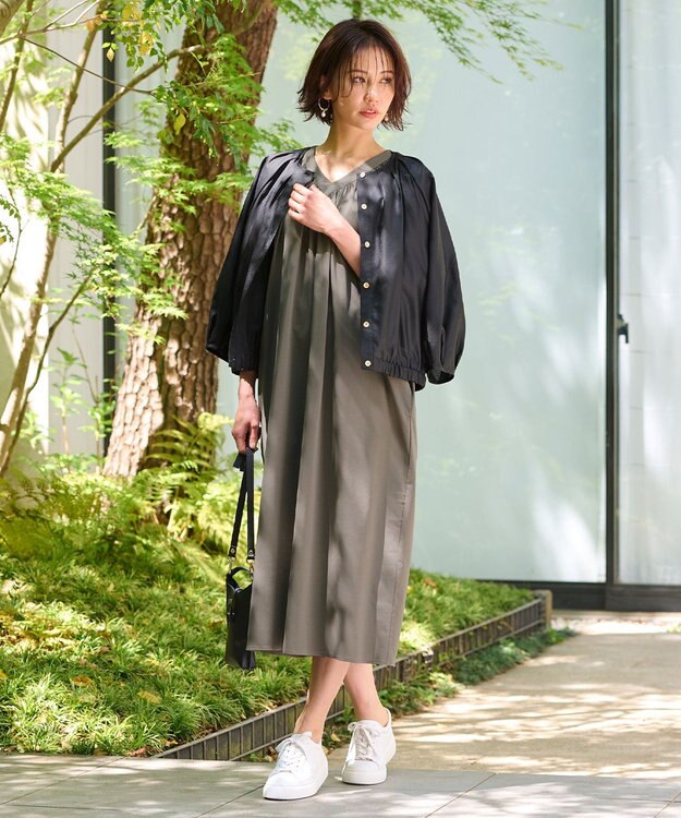 自由区 【WEB限定・洗える・XSサイズあり】ライトギャザーフレアスリーブ ワンピース カーキ系