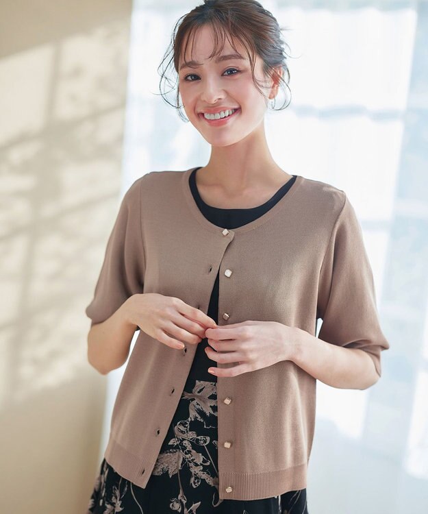 Tiaclasse L  【洗える】ハーフスリーブサマーニットカーディガン モカ