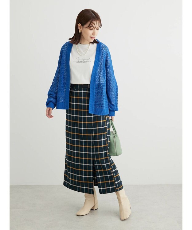 Green Parks 洗えるすかし編みニットカーディガン Blue