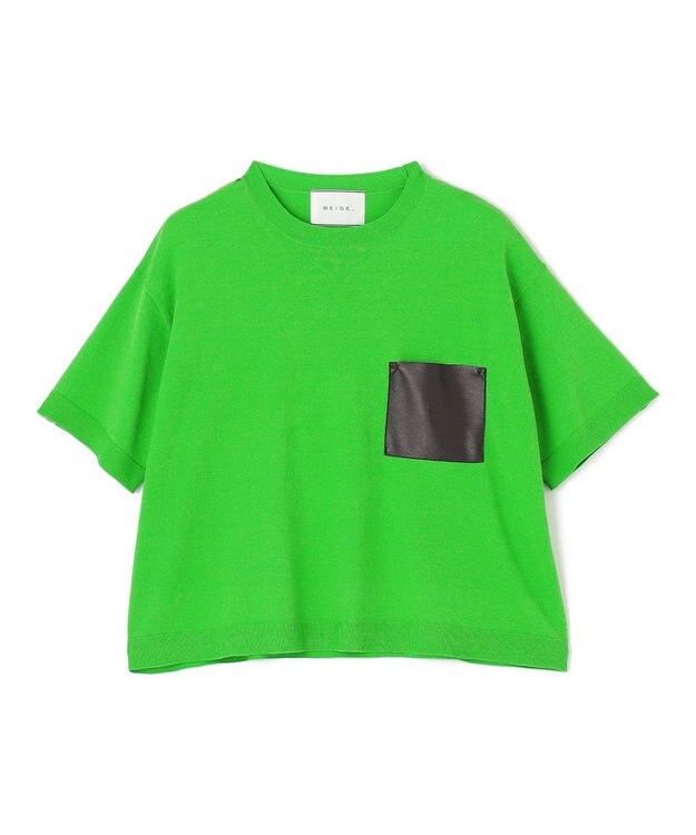 BEIGE， 【洗える】NADIA / レザーポケット付き半袖ニットTシャツ Green