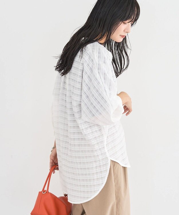 Green Parks シアーチェック７分袖シャツ Off White