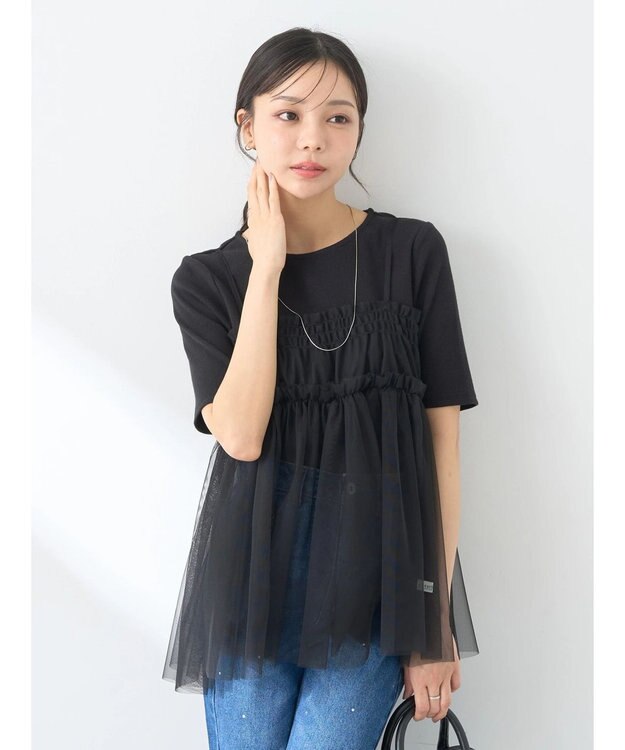 earth music&ecology ＳＥＴ２点チュールビスチェ＋リブプルオーバー Black