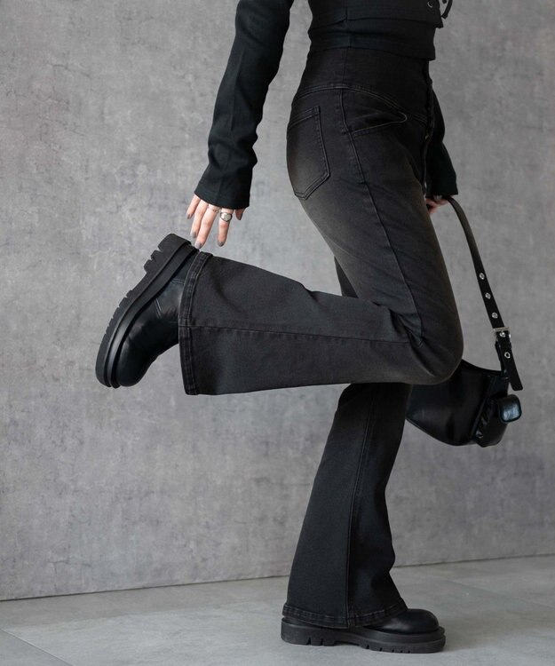 WEGO ハイウエストストレッチフレアデニムパンツ スミクロ