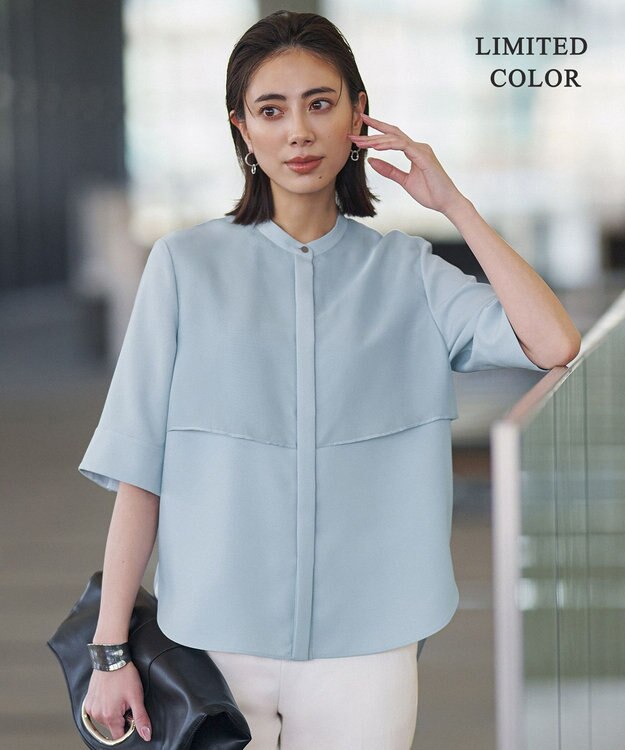 ICB 【WEB限定カラーあり】 FluidBackSatin バンドカラーシャツ サックスグレー［WEB限定］