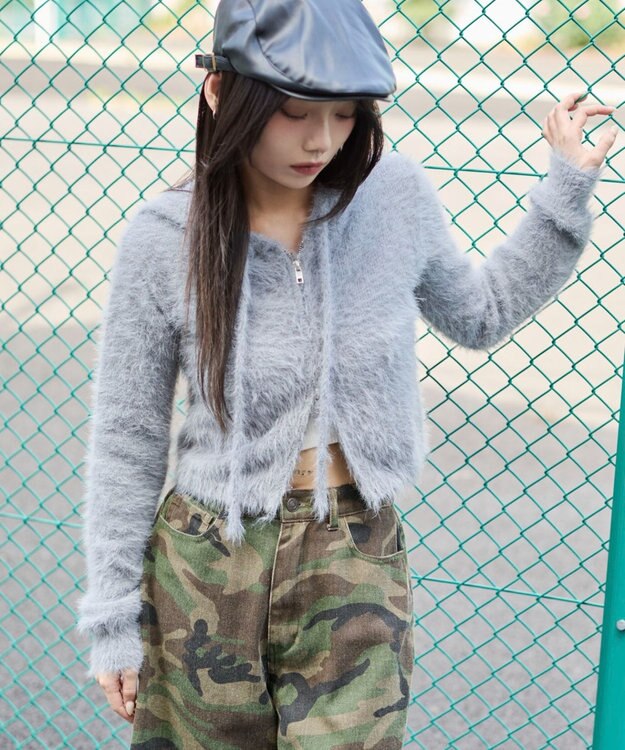 WEGO 【25秋冬新作】シャギーニットジップパーカー グレー