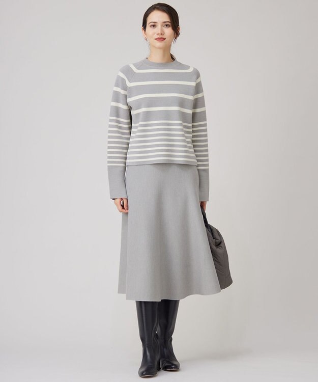 自由区 【スタイリストコラボ・洗える】ウールミラノボーダー ニット ライトグレー×オフ