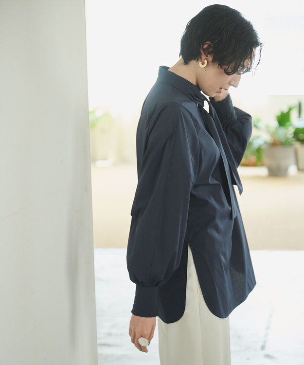 #Newans 【アイロンいらず】リボンタイブラウス ネイビー