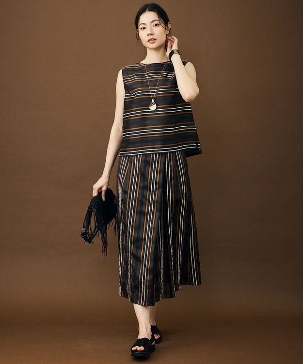 自由区 マルチストライプジャカードノースリーブ ブラウス ブラウン系