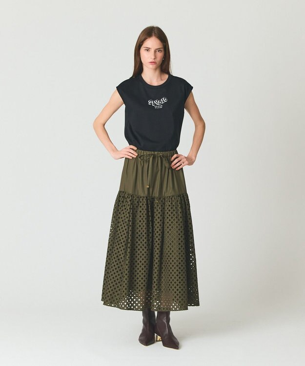 GRACE CONTINENTAL メッシュカットワークスカート カーキ