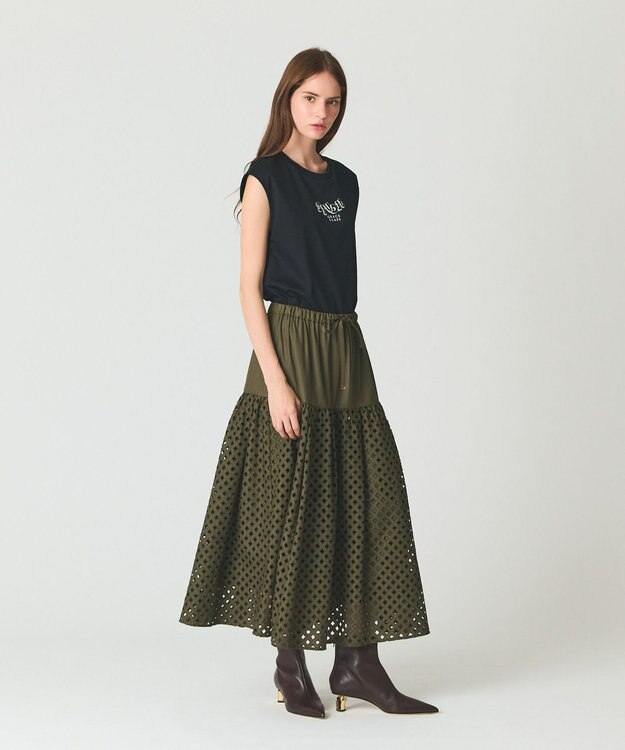 GRACE CONTINENTAL メッシュカットワークスカート カーキ
