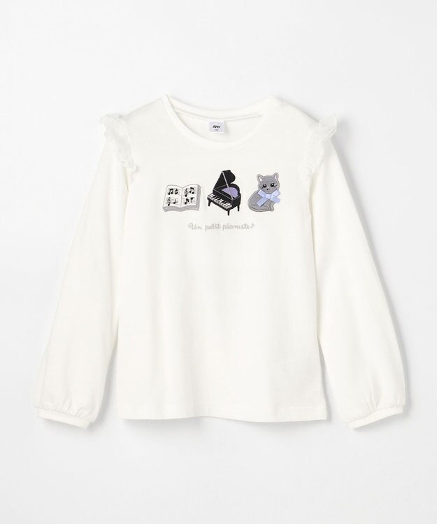 ANY KIDS おけいこモチーフ刺繍入り 長袖Tシャツ オフホワイト（ねこ×ピアノ）