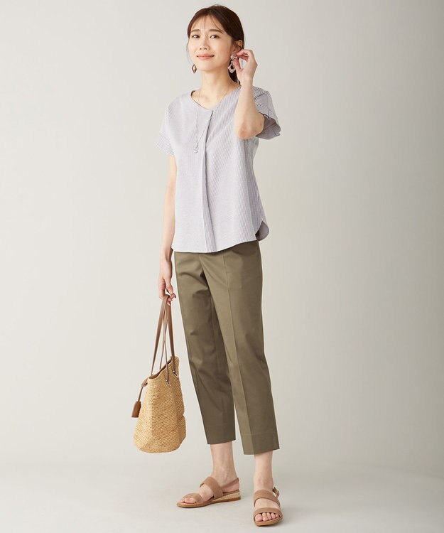 J.PRESS LADIES 【洗える】サテンストレッチ パンツ カーキ系