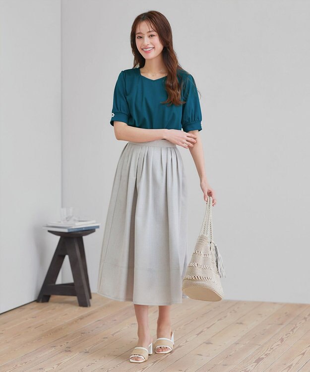 Tiaclasse L 【小倉優子さん着用・洗える・接触冷感・汗ジミ防止】“サマさまカットソー”パール付きパフスリーブトップス ターコイズ