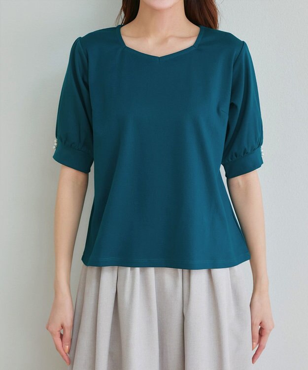 Tiaclasse L 【小倉優子さん着用・洗える・接触冷感・汗ジミ防止】“サマさまカットソー”パール付きパフスリーブトップス ターコイズ