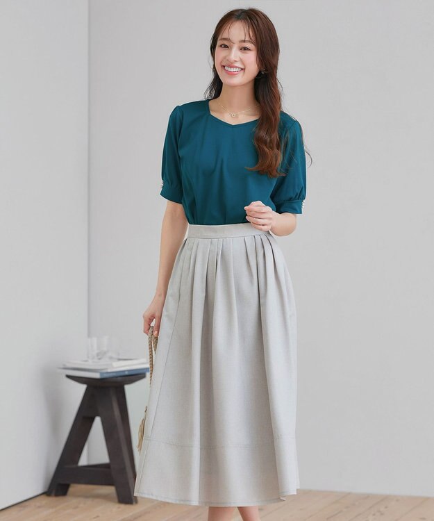 Tiaclasse L 【小倉優子さん着用・洗える・接触冷感・汗ジミ防止】“サマさまカットソー”パール付きパフスリーブトップス ターコイズ